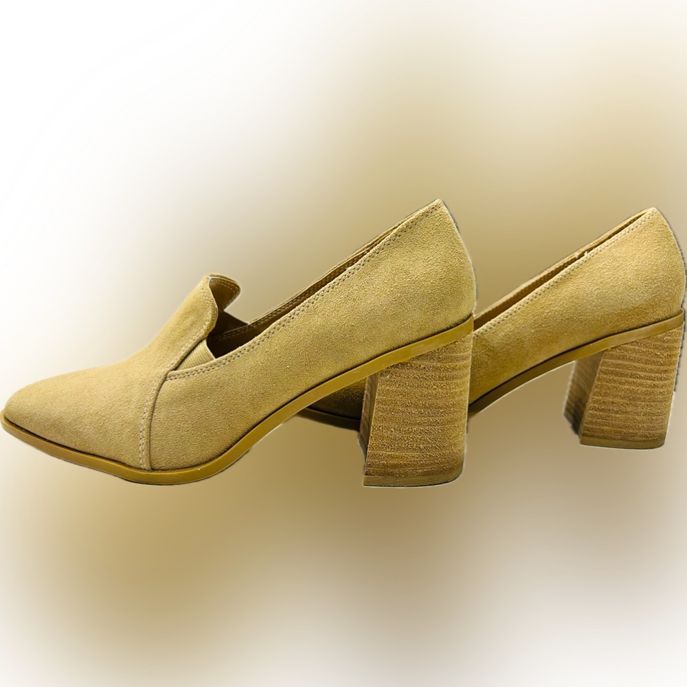 EUC Joie SZ 8.5M “Wevenly Marl” tan block heel loafer, beige suede 100% leather